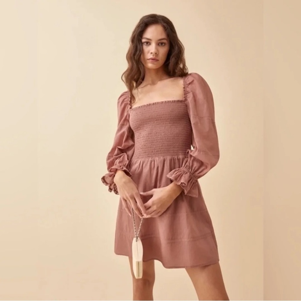 Reformation Dunes Smocked Mini Dress in Praline Size 10 NWOT